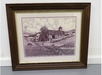 Framed Country Print Of An Old Farm - Titled 'Farmstead'