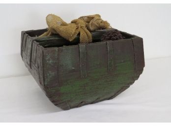 Primitive Country Green Finish Basket Full Of Pinecones & Feedsack Burlap Bow