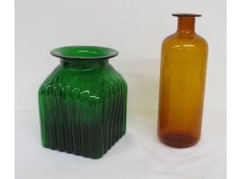 Two Gorgeous Designer / Art Glass Decorator Glass Vase & Bottle - Vivid Greens & Super Bubbly Coppery Amber