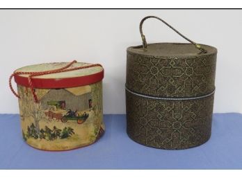 Pair Of Vintage Hat Box & Wig Boxes, Pretty Wallpaper Mid-century Winter Scene And Wig On Stand