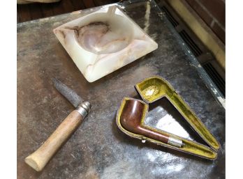 Alabaster Ashtray, Knife, And Pipe