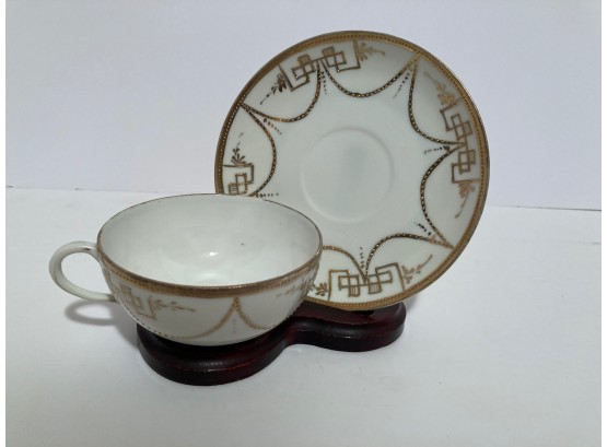 Antique Nippon Tea Cup And Saucer Set Gold Geometric Design - Some Paint Loss On Rim