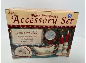 Royal Seasons Christmas Accessories:  Gravy Bowl And Saucer, 2 Candlestick Holders, Napkin Holder (NIB)