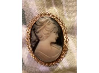 Hand  Carved Resin Cameo Pin Gold Tone Frame