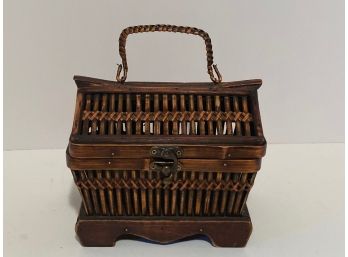 Vintage Wooden Handled Hinged Trinket Basket