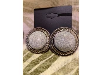 Vintage Silver Tone Acrylic Button Pierced Earrings (New)