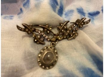 1920's Pot Metal Chatelaine Pin With Semi-Precious Center Stone And Rhinestones