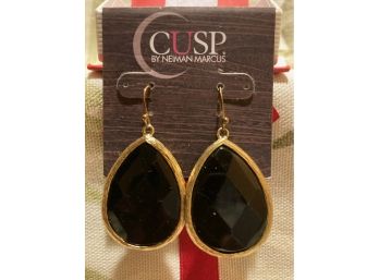 CUSP Gold Tone Pierced Oval Drop Earrings Smoked Faceted Glass  From Neiman Marcus (NWTS)