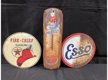 Vintage Esso Gasoline, Fire Chief And Bubble Up Thermometer  Metal Signs