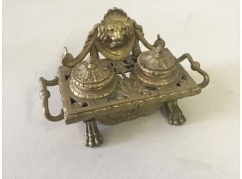 Ornate Lion Faced Solid Brass Inkwell