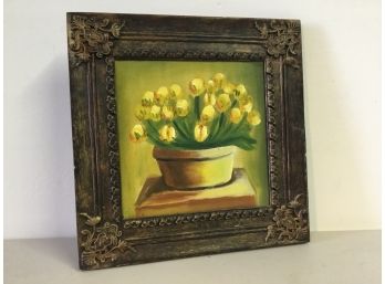 Hand Painted Pot Of Flowers Painting Framed