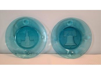 2 Blue Glass Commemorative Plates
