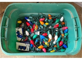 Tote Of Retro Christmas Lights, Extra Bulbs And Timer, Not Tested