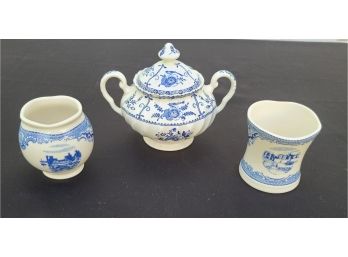 Lot Of 3 Blue And White Patterned Bone China, Sugar Bowl Has A Chip, Other 2 Items Are Johnson Bros