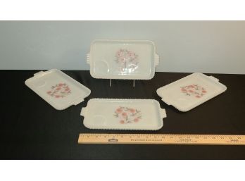 4 White Glass W Decal Dishes, Place For Cup, No Chips