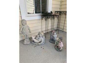 Four Stone / Ceramic Yard Statues, Three Metal Small Tables, Bird Bath