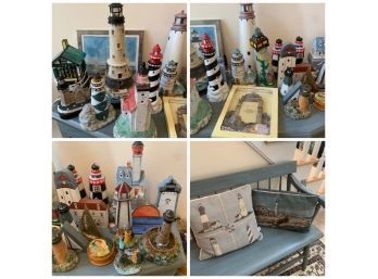 Lighthouse Decor Lot - Everything From Wooden, Ceramic, Pillows, Doormat, Stamps, Candles, Frames, Prints