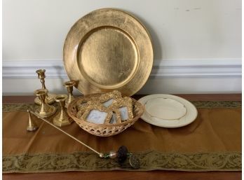 Brass Candlesticks, Snuffer Placeholders, And Chargers