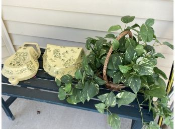 Two Painted Yellow Green Ceramic Wall Planters With Faux Green Basket Plant