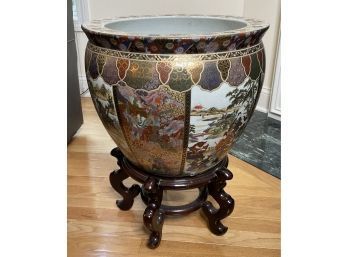 Asian Fish Bowl On A Rosewood Base And A Round Glass Top