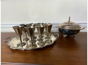 Silver Plate Covered Bowl, Goblets And Tray