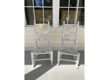Two Wooden Floral Painted White Oudoor Porch Child Rockers