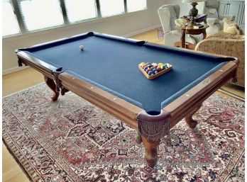 Authentic Brunswick Pool Table With Midnight Blue Felt And Pool Sticks