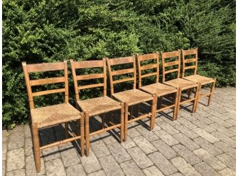 Vintage Hitchcock Style Ladderback Chairs With Rushed Seats - Set Of 6