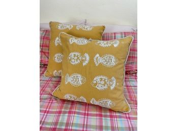 Ochre Tone Accent Pillows With Stitched Fish Motif And Twist Trim - A Pair