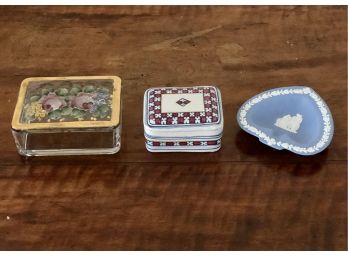 Wedgwood Jasperware Trinket Dish And Italian Painted Ceramic Glass Trinket Boxes - Set Of 3