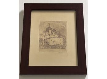 Vintage Etching Of A Russian Church, Artist Signed And Framed
