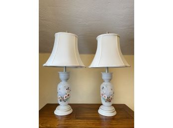 Vintage Light Grey Tone Frosted Glass Table Lamps W Hand Painted Floral Design & Lined Shades - A Pair