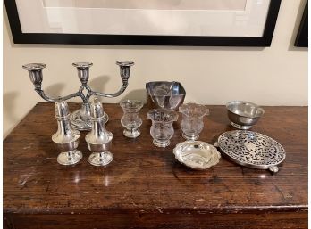 Collection Of Silver Plate And Etched Glass Candlesticks, Salt & Pepper Shakers And More