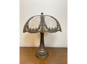Vintage Tiffany Style Table Lamp With Slag Glass Inserts And Intricate Filigree Design