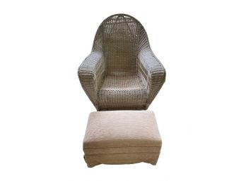 Antique Ficks Reed Style Wicker Armchair With Upholstered Ottoman