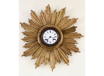 Antique Gilt Carved French Sunburst Wall Clock W Enamel Face