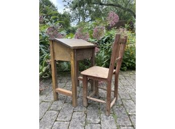 Antique Child's Wooden Desk And Chair