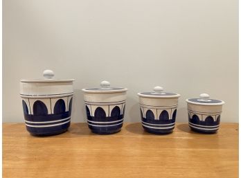 Italian Painted Ceramic Blue And White Lidded Containers - Set Of 4