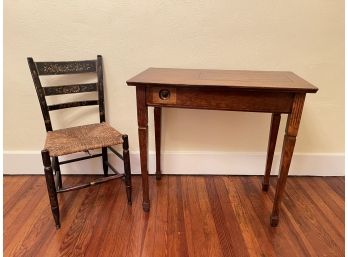 Vintage Wooden Sewing Table Desk And  Hitchcock Style Chair W Stencil Design