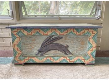 Hand Carved And Painted Southwest Style Flip Top Trunk W Rabbit Motif