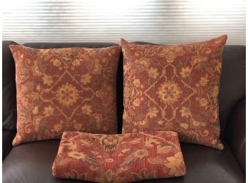 Upholstered Pillows And Throw In Earth Tone Floral & Leaf Fabric - Set Of 3