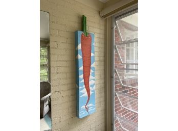 Elongated Oil On Canvas Painting Depicting Large Carrot Over Rabbit Clouds, Artist Signed Terron