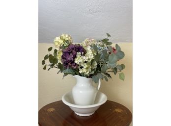 Vintage Ceramic Wash Basin And Pitcher W Silk Floral Arrangement