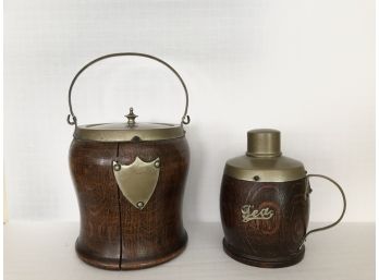Antique English Oak Biscuit Container & Loose Tea Container Set
