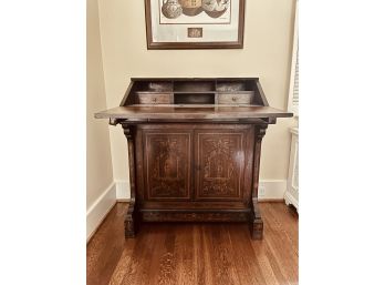 Antique Drop- Front Desk With Marquetry Inlaid Neoclassical Scene