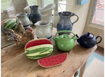 Painted Wooden Watermelon Tabletop Dcor, Ceramic Teapots, Pitchers And Rooster