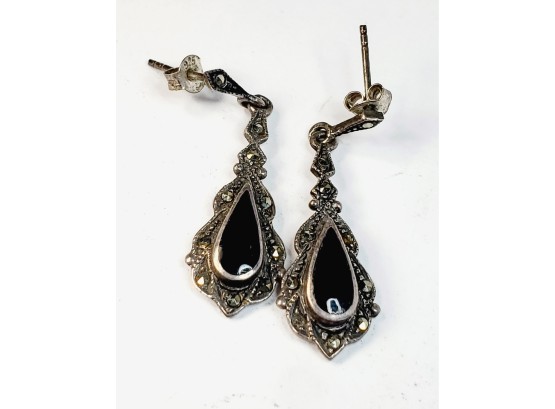 Vintage Sterling Silver Hanging Onyx And Marcasite Earrings