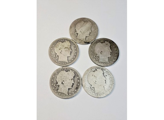 5 Barber Silver  Quarters 1892-1909