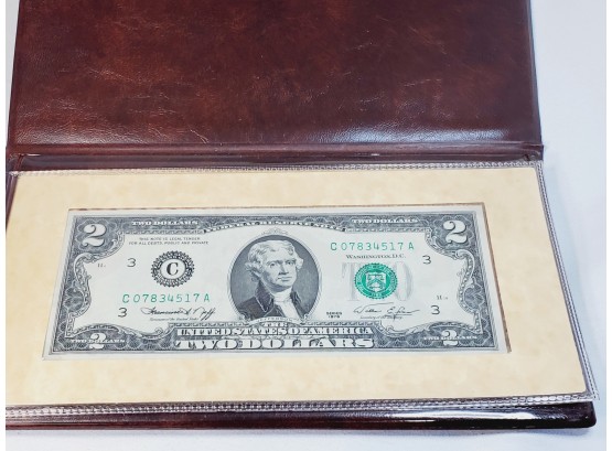 $2 Dollar Uncirculated Bill In Snap And Fold Soft Case With Info