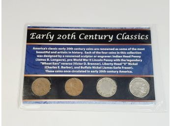 20th Century Coin Set In Soft Plastic With Info And History (penny,Wheat Penny, V Nickel And Buffalo Nickel)